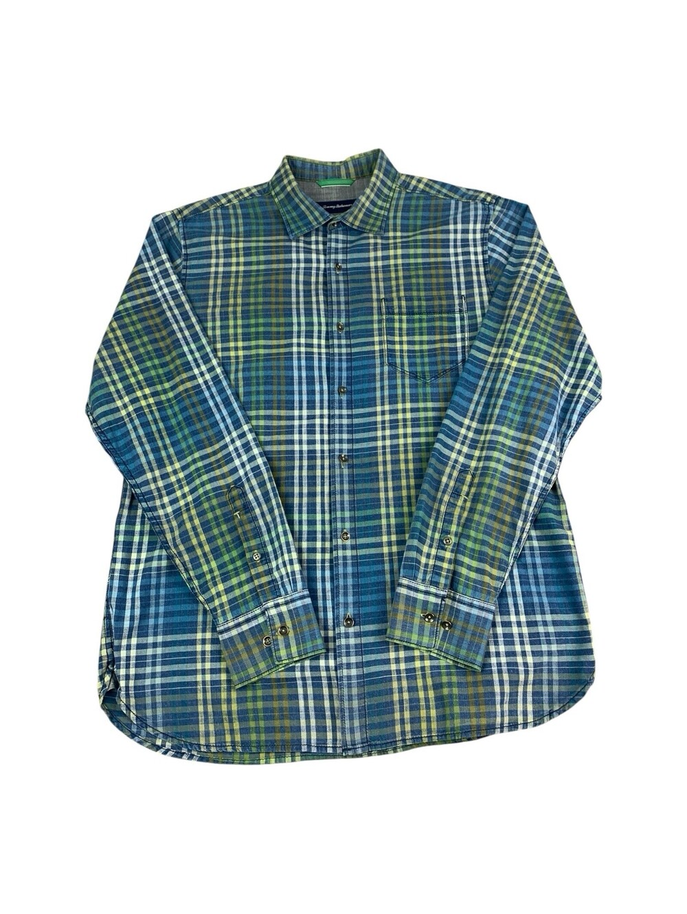 Tommy Bahama Long Sleeve Button Down Shirt Green And Blue Plaid Men’s Size Large
